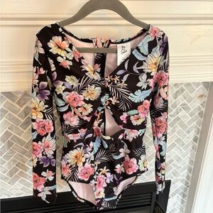 art class Black Floral Long-Sleeve One-Piece Swimsuit with Twist Front